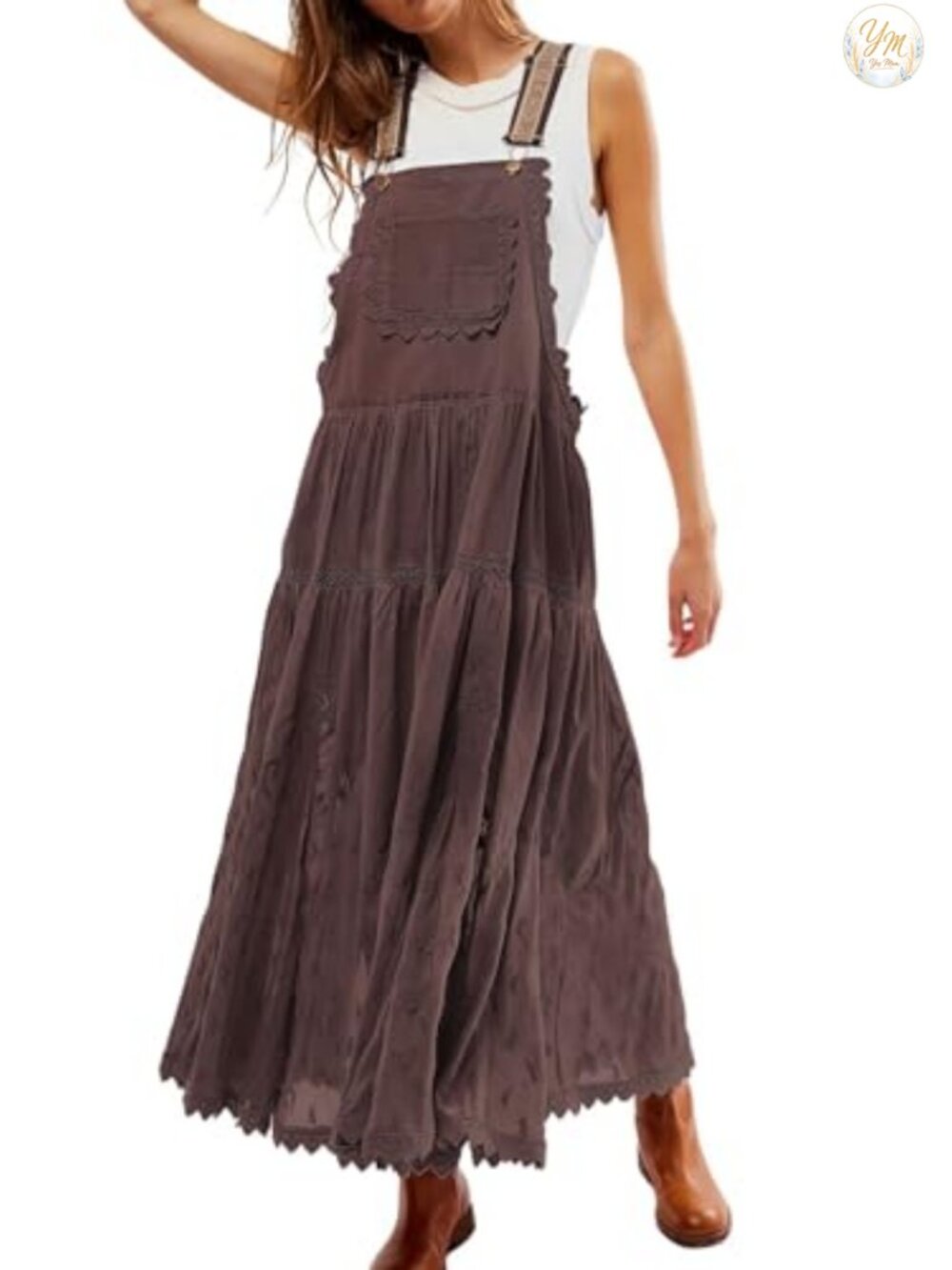 Lace Embroidered Maxi Dress Adjustable Straps Bohemian Tiered Swing Dress